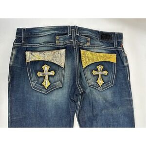 Robins Jeans Leather Gold Gothic Stones Rivets Cross Mens Size 40 x 36 D5363-1